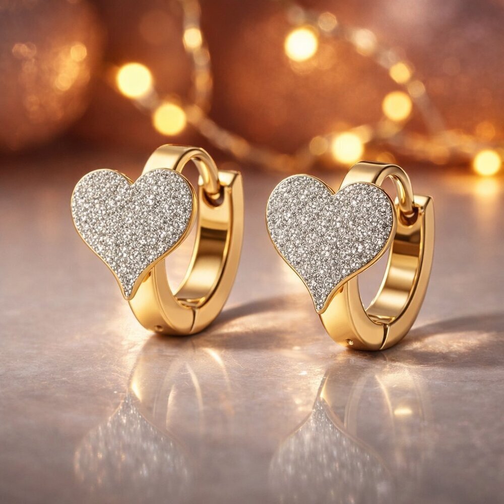 18K Gold Plated Stainless Steel Textured Heart Huggie Earrings Romantic Gift